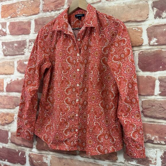 Lands End Top Shirt Womens 10 Pink Multicolor Boho Floral Abstract Button Front - Picture 3 of 9